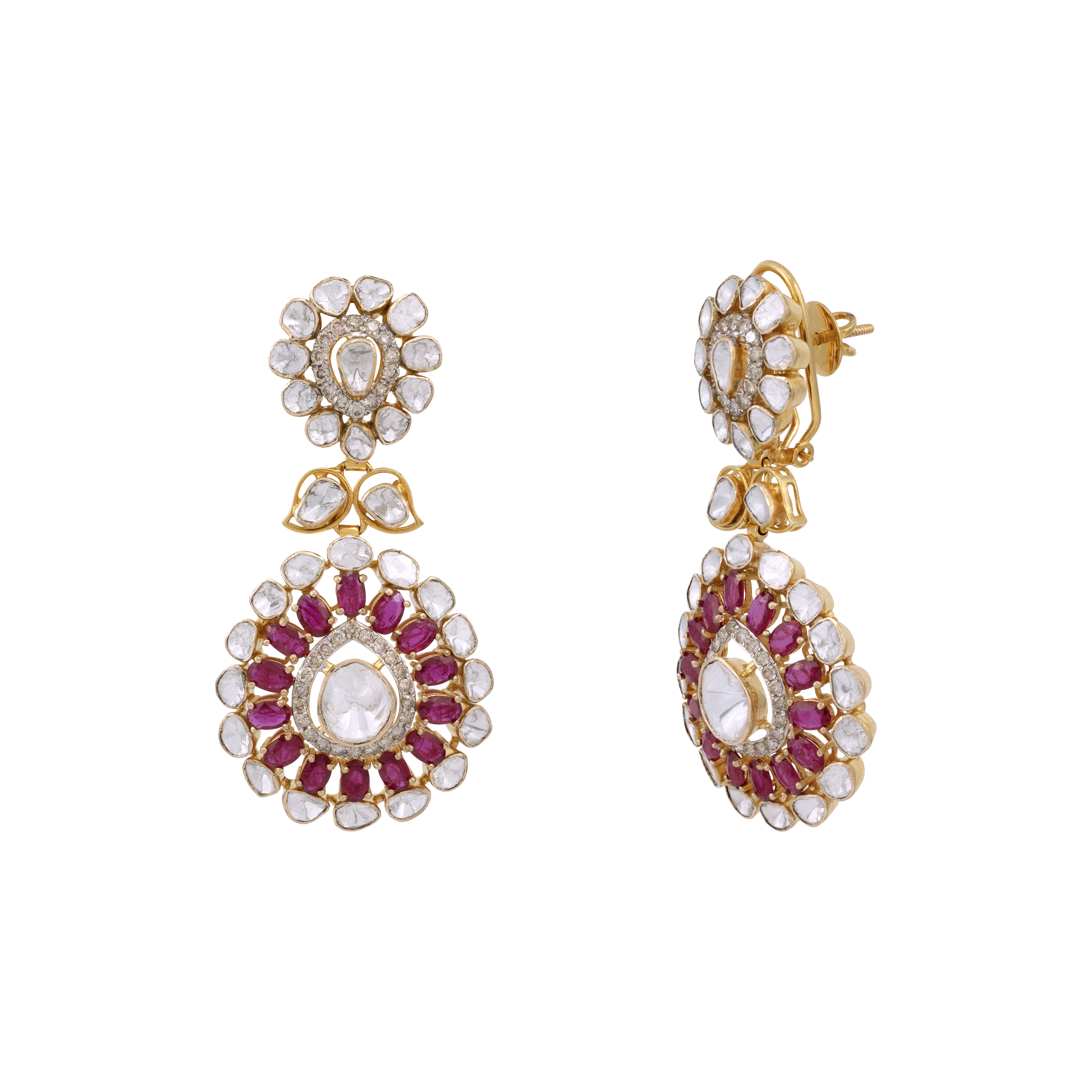 Polki and Ruby Halo Danglers with Floral Drop